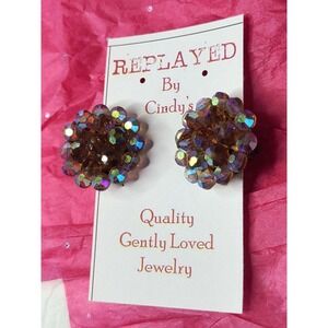 Vintage Aurora Borealis Clip-On Earring AB Crystals & Gold-Tone Accents